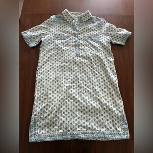 Faherty hand block print linen-viscose blend Rae dress in white and blue